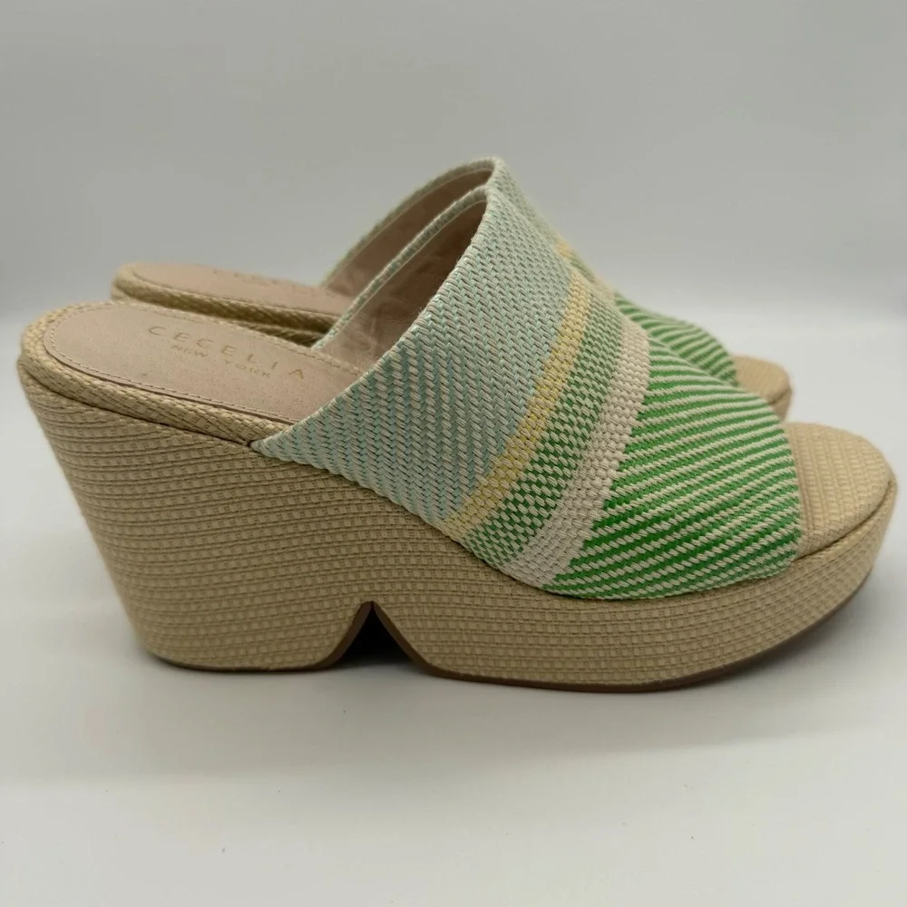 Cecelia New York Frost Green Natural Raffia Platform Wedge Mules 8.5M New